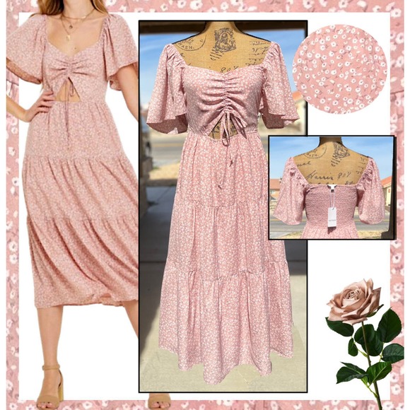 PinkBlush Dusty Rose Ditsy Floral Tiered Ruffle Midi Dress Size: M NWT - Picture 1 of 11